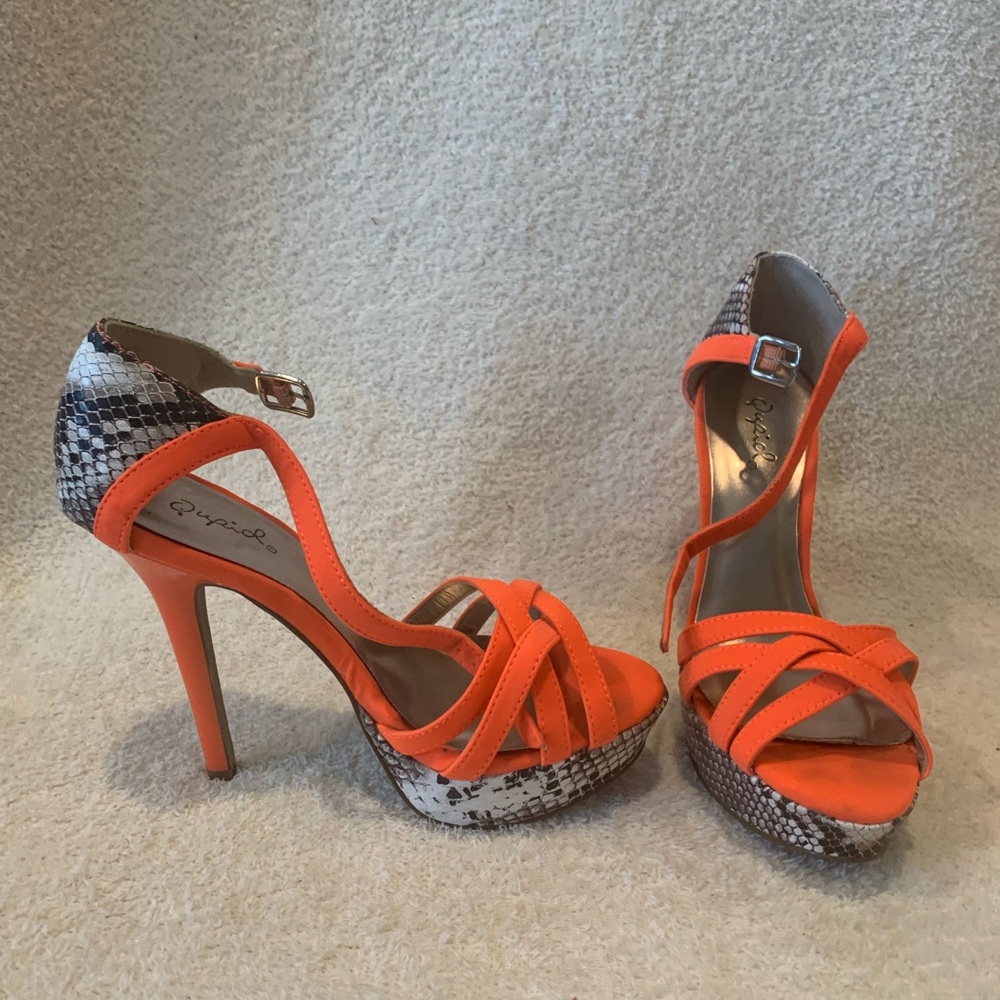 Qupid Vibrant Orange and Snakeskin Heels